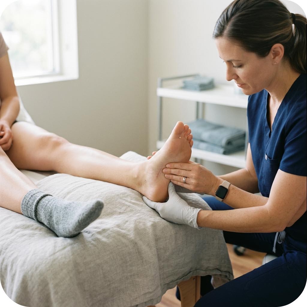 صورة سريرية توضح تحرير اللفافة الأخمصية (Plantar Fascia Release)