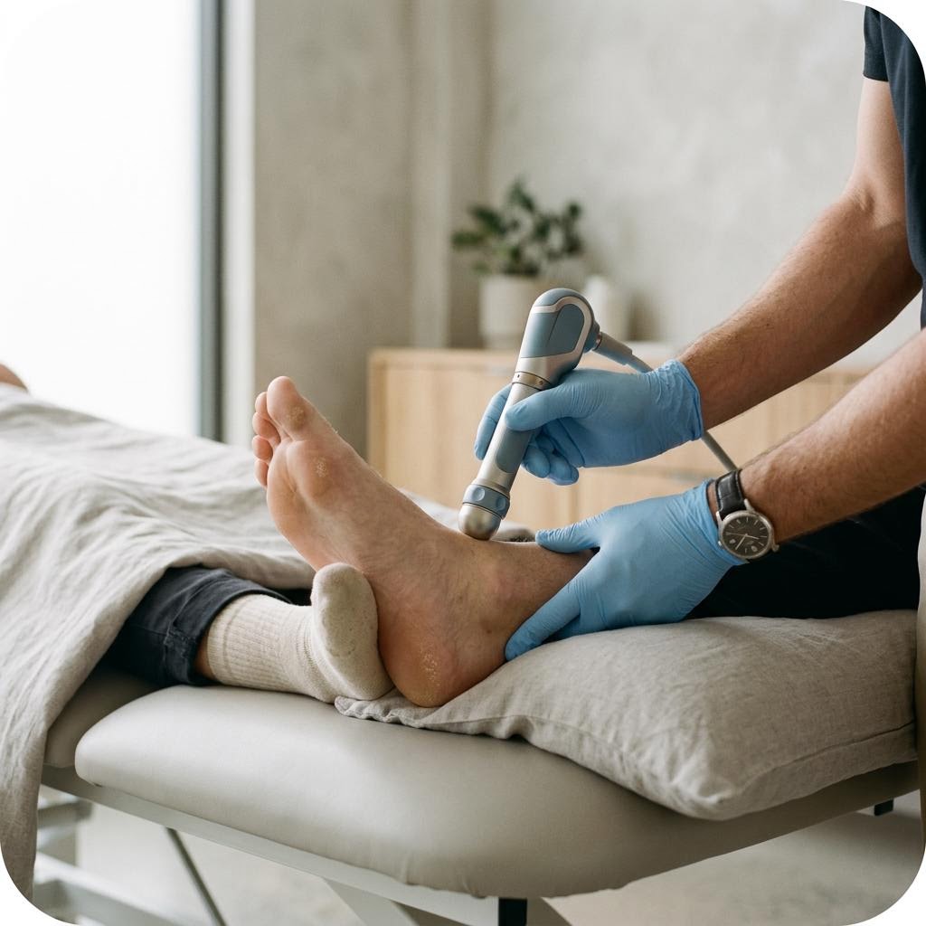 صورة سريرية توضح العلاج بالموجات الصدمية الشعاعية (Radial Shockwave Therapy)
